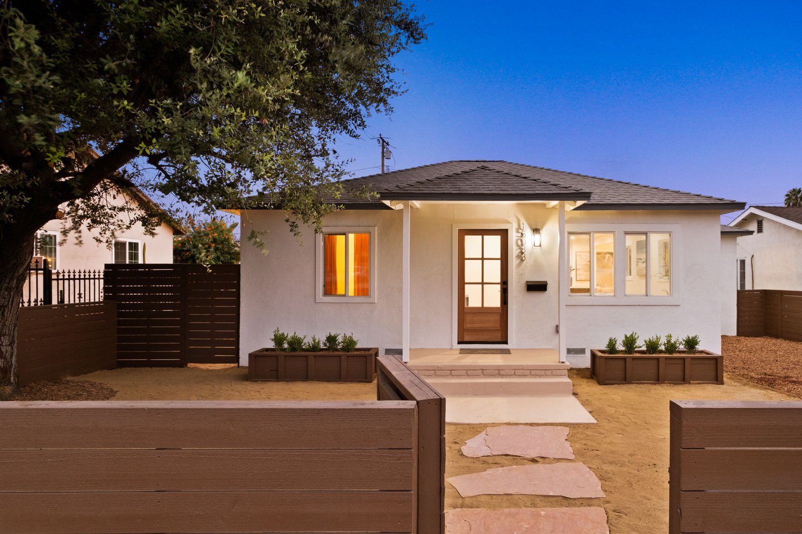 Gale Avenue front exterior at twilight