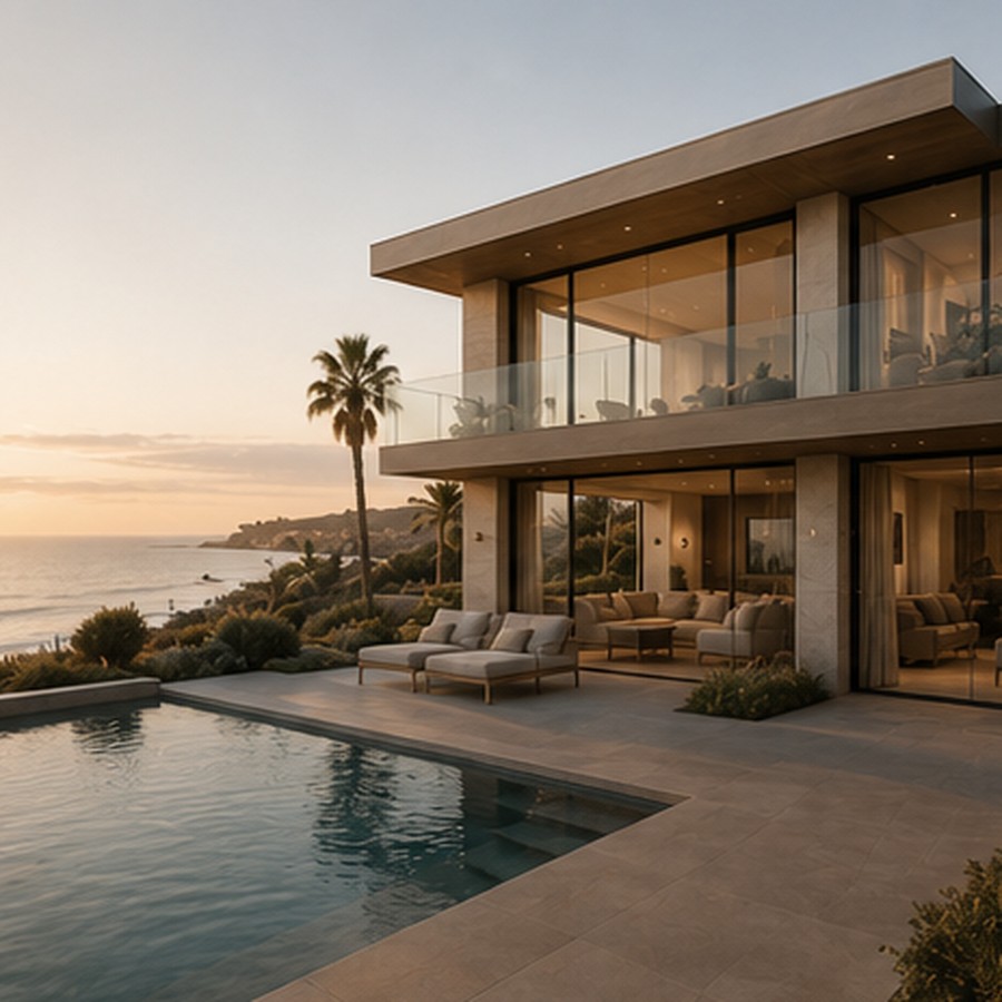 Rendering of a modern custom home at sunset